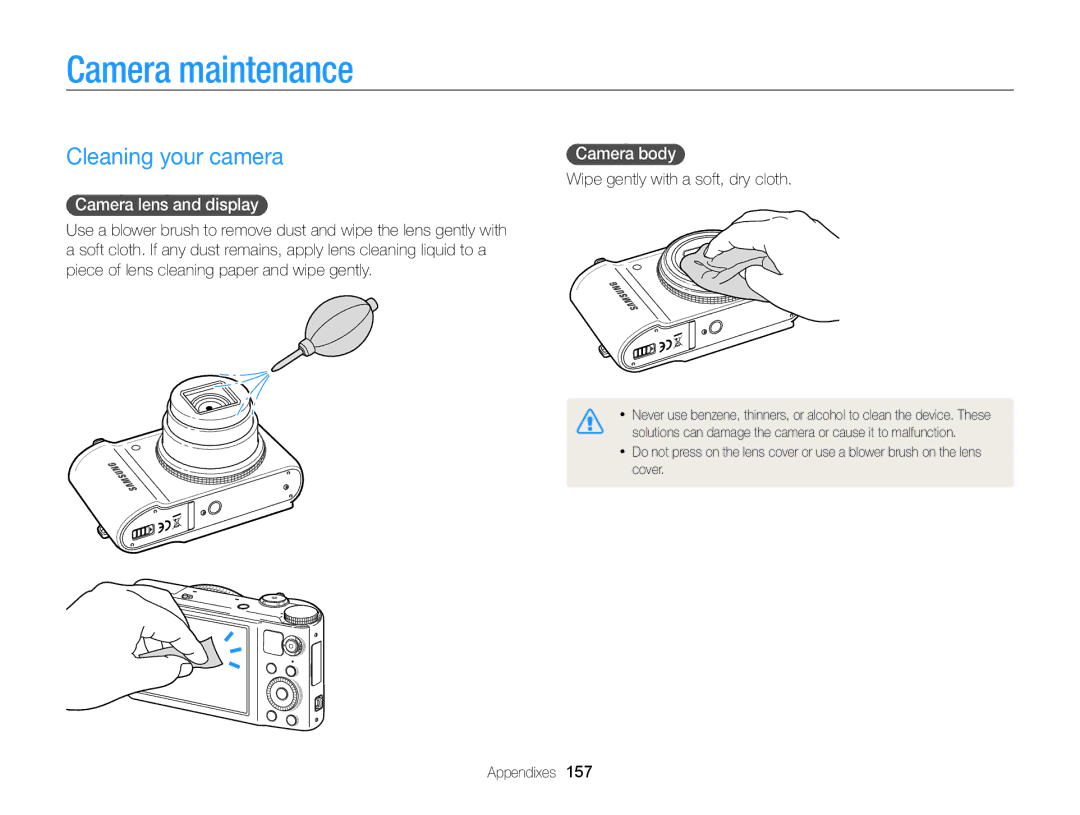 Samsung EC-WB850FBPBIL, EC-WB850FBPBFR Camera maintenance, Cleaning your camera, Camera lens and display , Camera body  